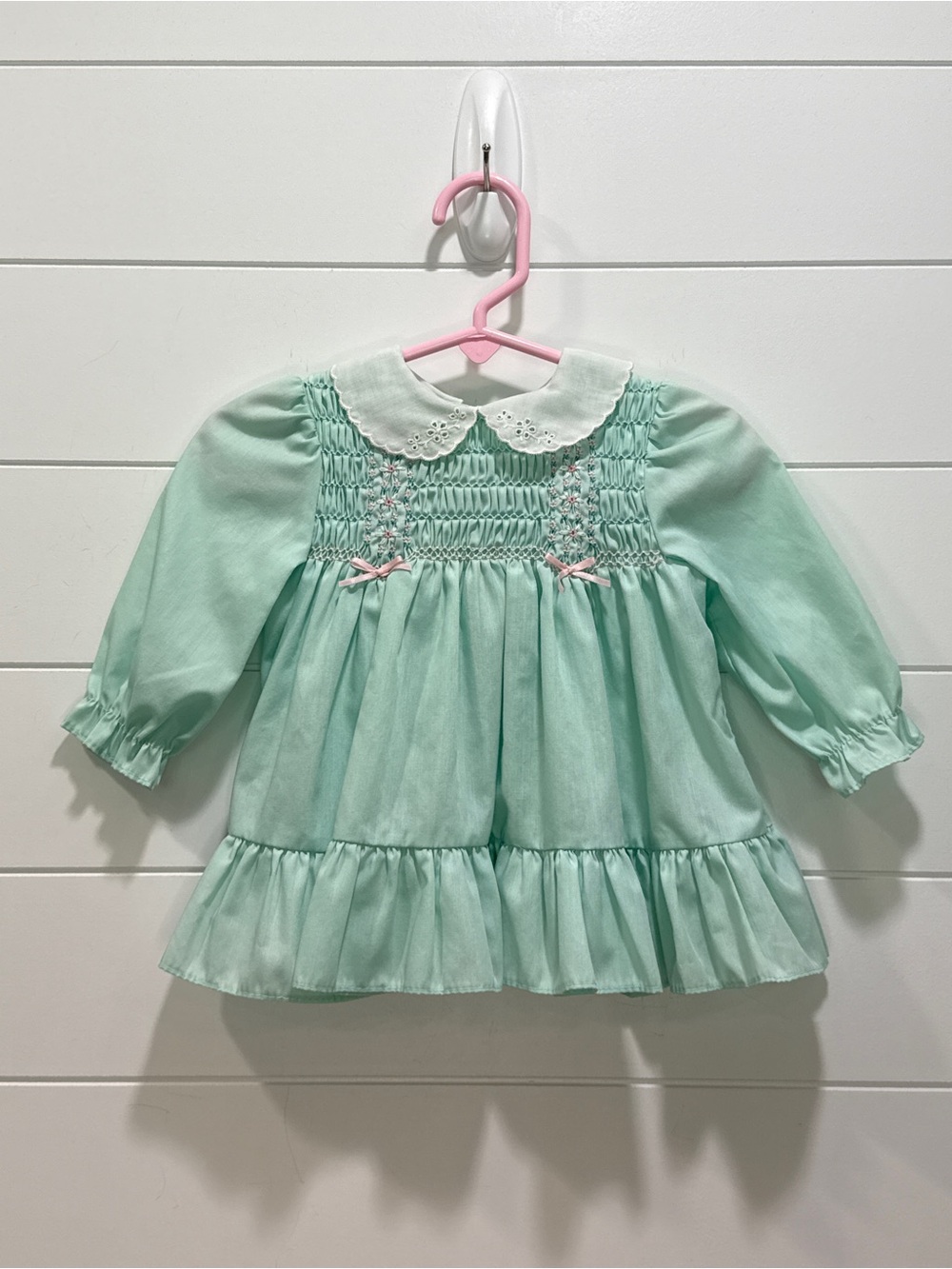 Vintage Smocked Mint Green Baby Dress with Eyelet Peter Pan Collar